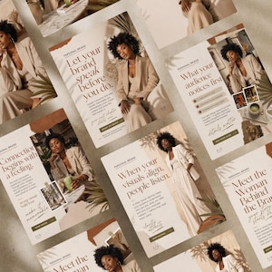 Puede incluir: Una colección de materiales de marketing en tonos beige y marrón. Los materiales presentan a una mujer con un traje beige y texto como "PERSONAL BRAND". El tema es la marca y el marketing, centrado en la identidad visual.