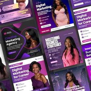 Puede incluir: Una colección de gráficos promocionales para seminarios web sobre marketing digital y estrategia empresarial. Los diseños presentan imágenes de mujeres, con superposiciones de texto en tonos de morado, rosa y blanco. Los gráficos promueven temas como el desarrollo profesional y el crecimiento empresarial.