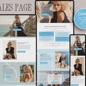 Puede incluir: Una plantilla de página de ventas digital con un diseño de varias secciones, fotografías de una persona, bloques de texto y botones de llamada a la acción azules. Una insignia circular en la esquina superior derecha indica Canva, no coding or design skills required.