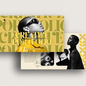 May include: A portfolio design layout with a yellow and cream color scheme. The main image features a person wearing sunglasses and a yellow jacket. Text includes "CREATE PORTFOLIO" and "Product Design". Additional images and text are also present.