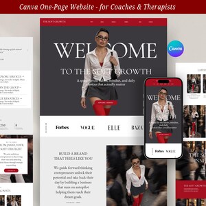 Könnte beinhalten: Eine einseitige Website-Vorlage für Canva in einem dunkelroten und weißen Farbschema. Das Layout zeigt Bereiche für Dienstleistungen, Blogbeiträge und Branding, mit dem Text Welcome to the Soft Growth und dem Canva-Logo.