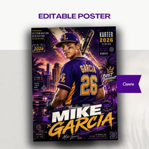 Puede incluir: Un póster de béisbol morado y dorado con un jugador de béisbol llamado "Garcia" y el número "26". El póster incluye el texto "Karter 2026 Senior" y "Built Different". Las palabras "Editable Poster" están en la parte superior.