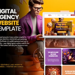 May include: A digital agency website template designed for Canva. The template features a purple background with a man in a purple jacket holding a laptop. The laptop screen displays a website with the text "Your Ideas Made Possible". The template is fully editable and hosted on Canva.