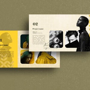 May include: A presentation layout with a yellow and cream color scheme. The design includes images of people, text, and geometric patterns. The words "Project name" and "Natural ingredients" are visible.