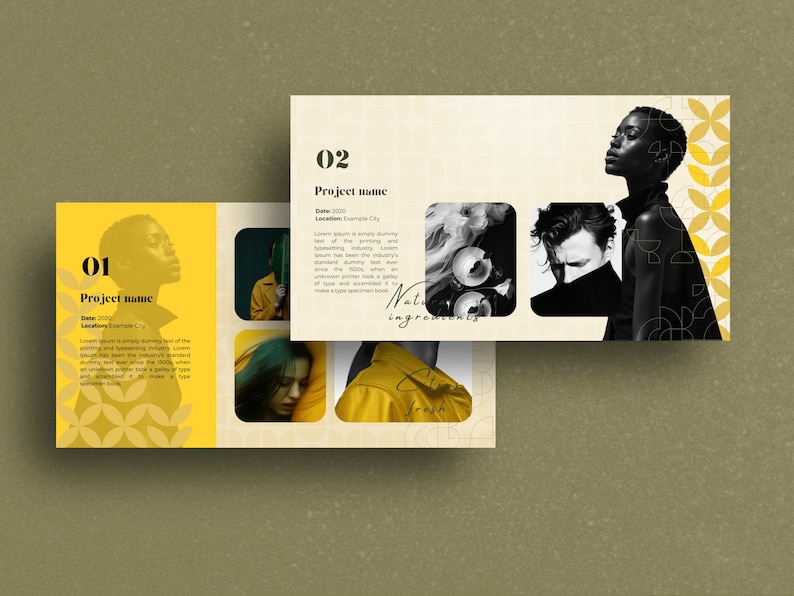 May include: A presentation layout with a yellow and cream color scheme. The design includes images of people, text, and geometric patterns. The words "Project name" and "Natural ingredients" are visible.