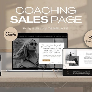 Puede incluir: Una maqueta de una plantilla de página de ventas de coaching con 36 secciones. La plantilla está diseñada en blanco y negro con una estética minimalista moderna. El texto en la página dice: "¡Toma notas de los profesionales! Creo que estabas destinado a cosas más grandes. Únete al curso que cambiará tu vida para mejor hoy."