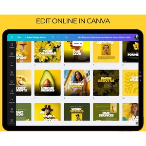 K&ouml;nnte beinhalten: Ein Tablet zeigt eine Auswahl an Social-Media-Vorlagen mit gelben und schwarzen Designs. Der Text "EDIT ONLINE IN CANVA" ist oben zu sehen. Die Vorlagen enthalten verschiedene Grafiken und Texte, darunter "YOUR ONBOARD", "UNIQUE DESIGNS" und "AVERAGE AGENCY".