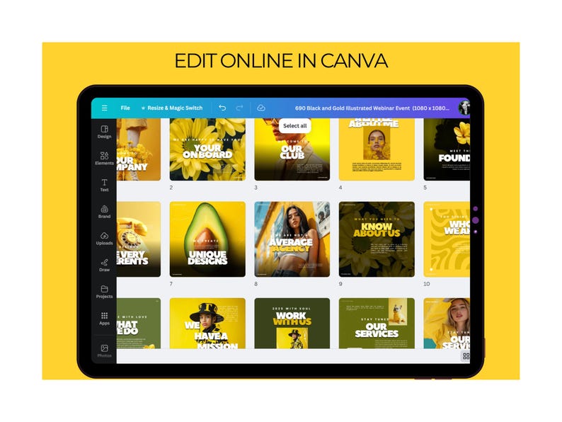 K&ouml;nnte beinhalten: Ein Tablet zeigt eine Auswahl an Social-Media-Vorlagen mit gelben und schwarzen Designs. Der Text "EDIT ONLINE IN CANVA" ist oben zu sehen. Die Vorlagen enthalten verschiedene Grafiken und Texte, darunter "YOUR ONBOARD", "UNIQUE DESIGNS" und "AVERAGE AGENCY".