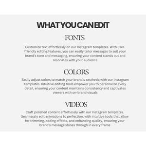 K&ouml;nnte beinhalten: Wei&szlig;es Grafikdesign mit dem Text "WHAT YOU CAN EDIT" und Abschnitten zu Schriftarten, Farben und Videos. Der Text beschreibt Funktionen f&uuml;r Instagram-Vorlagen.