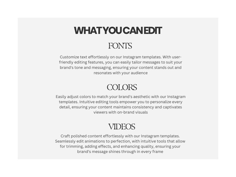K&ouml;nnte beinhalten: Wei&szlig;es Grafikdesign mit dem Text "WHAT YOU CAN EDIT" und Abschnitten zu Schriftarten, Farben und Videos. Der Text beschreibt Funktionen f&uuml;r Instagram-Vorlagen.