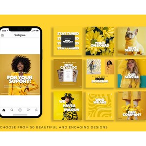 K&ouml;nnte beinhalten: Ein gelbes Instagram-Post-Design mit einem Smartphone, das eine Frau in einem gelben Blazer zeigt. Neun quadratische Grafiken mit Text wie "Neues Produkt" und "Unser Service" umgeben das Telefon. Der Text "W&auml;hlen Sie aus 50 sch&ouml;nen und ansprechenden Designs" steht unten.