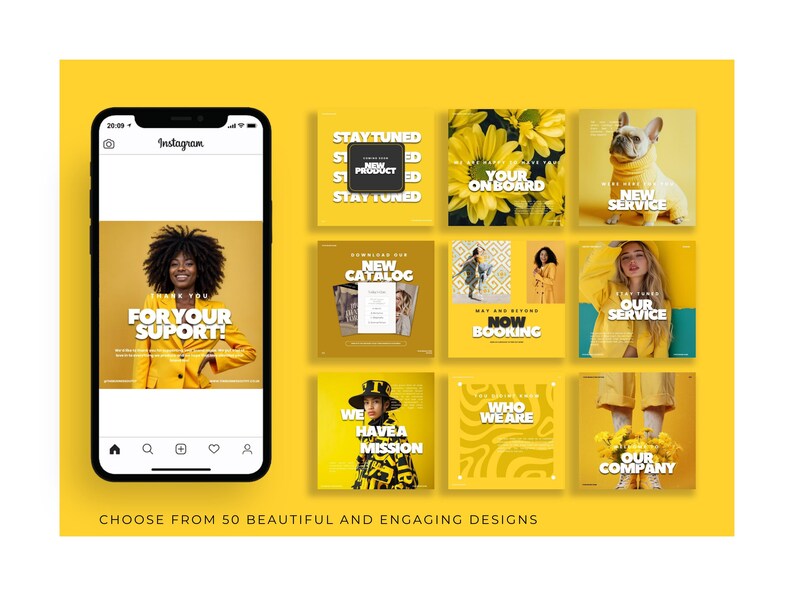 K&ouml;nnte beinhalten: Ein gelbes Instagram-Post-Design mit einem Smartphone, das eine Frau in einem gelben Blazer zeigt. Neun quadratische Grafiken mit Text wie "Neues Produkt" und "Unser Service" umgeben das Telefon. Der Text "W&auml;hlen Sie aus 50 sch&ouml;nen und ansprechenden Designs" steht unten.