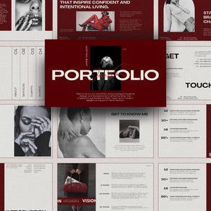 Op de afbeelding: Een digitale portfolio-indeling met een donkerrood en wit kleurenschema. Het woord "PORTFOLIO" staat prominent weergegeven. De indeling bevat afbeeldingen, tekst en secties met labels.