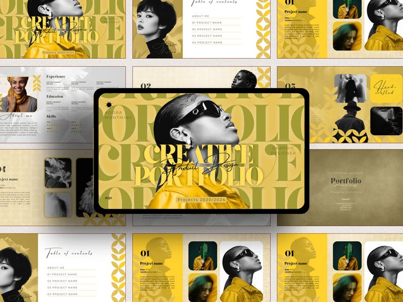 May include: A digital product design portfolio presentation with a yellow and black color scheme. The title "Create Product Design Portfolio" is prominently displayed. The presentation includes images of a person wearing sunglasses and a yellow jacket.
