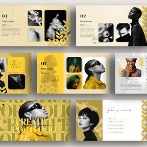 May include: A portfolio layout with a yellow and white color scheme. The design includes images of people, text, and decorative floral patterns. The words "CREATE PORTFOLIO" are prominently displayed.