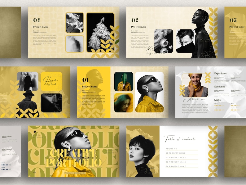 May include: A portfolio layout with a yellow and white color scheme. The design includes images of people, text, and decorative floral patterns. The words "CREATE PORTFOLIO" are prominently displayed.