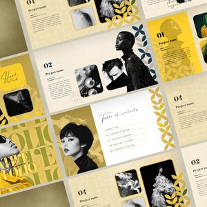May include: A portfolio design layout with a gold and cream color scheme. The design includes images of people, floral arrangements, and text. The words "Create Portfolio Design" are visible. The layout is for a presentation or website.