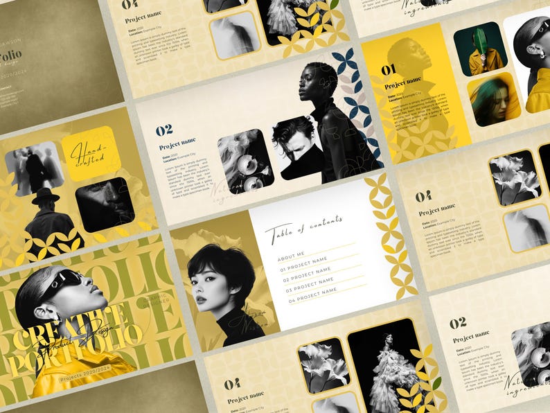 May include: A portfolio design layout with a gold and cream color scheme. The design includes images of people, floral arrangements, and text. The words "Create Portfolio Design" are visible. The layout is for a presentation or website.