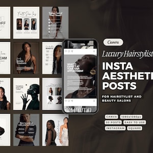 Puede incluir: Un conjunto de publicaciones estéticas de Instagram para peluqueros y salones de belleza. Las publicaciones presentan imágenes de peinados, tratamientos de belleza y ofertas promocionales. El texto incluye "50% OFF", "Keratin Treatment" y "Luxury Hairstylist".