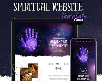 Könnte beinhalten: Eine Website-Vorlage für ein spirituelles Unternehmen. Die Vorlage zeigt eine violette Hand mit Linien, eine Sonne und einen Mond sowie den Text "Erhöhe deine Schwingung Erwecke dein wahres Potenzial".