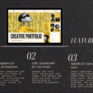 May include: A laptop displays a website design for a creative portfolio, featuring a woman in sunglasses. The design uses yellow and black colors. The image also highlights features: 8 presentation templates, fully customizable for your brand, and suitable for Canva users.
