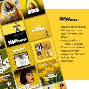 K&ouml;nnte beinhalten: Eine Sammlung gelber und gr&uuml;ner Instagram-Post-Vorlagen mit dem Text "BOLD EDITORIAL". Die Vorlagen enthalten Bilder und Text, wie "AVERAGE AGENCY", "UNIQUE DESIGNS" und "BRAND POSITIONING". Die Beschreibung enth&auml;lt auch den Text "Includes 50 templates".