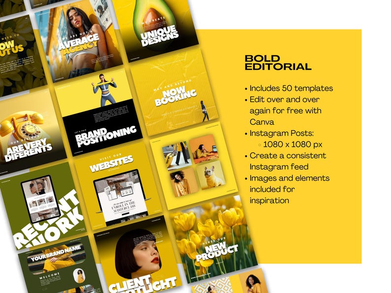 K&ouml;nnte beinhalten: Eine Sammlung gelber und gr&uuml;ner Instagram-Post-Vorlagen mit dem Text "BOLD EDITORIAL". Die Vorlagen enthalten Bilder und Text, wie "AVERAGE AGENCY", "UNIQUE DESIGNS" und "BRAND POSITIONING". Die Beschreibung enth&auml;lt auch den Text "Includes 50 templates".