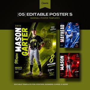Puede incluir: Plantillas de carteles de béisbol con un tema negro y verde. El cartel principal presenta a un jugador de béisbol con un uniforme negro y amarillo con el texto "Mason Garter" y "Knights". También se muestran otros carteles.