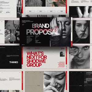 Puede incluir: Una plantilla de presentación de propuesta de marca digital que presenta una colección de diapositivas de diseño con esquemas de color negro, blanco y rojo. El diseño incluye tipografía, retratos fotográficos y secciones de texto tituladas Brand Proposal y What's Next For Shodwe Group.
