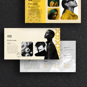 May include: A layout design with a black background and several pages. The pages feature images of people, text, and graphic elements in yellow and cream colors. The text includes the words "Project name", "Natural ingredients", and "About me".
