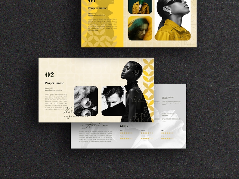 May include: A layout design with a black background and several pages. The pages feature images of people, text, and graphic elements in yellow and cream colors. The text includes the words "Project name", "Natural ingredients", and "About me".