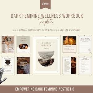 May include: A digital workbook template for wellness courses with a dark feminine aesthetic. The template features a variety of layouts and designs, including a cover page with the text "Wellness Workbook" and a chapter page with the text "Chapter:  Hubris & Hope You Got This".