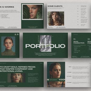 Puede incluir: Presentación de portafolio con una combinación de colores verde oscuro y blanco. El diseño incluye texto e imágenes de mujeres. La palabra "PORTFOLIO" se muestra de forma destacada. Incluye el texto "TO CRAFT BOLD, REFINED PIECES THAT INSPIRE CONFIDENT AND INTENTIONAL LIVING."