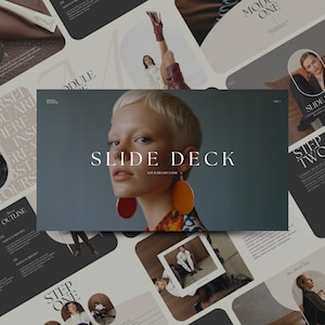 Puede incluir: Una colección de diapositivas de diseño con una imagen central de una mujer con pendientes naranjas. Las diapositivas presentan texto como "SLIDE DECK" y "You Are Closer Than You Think". La paleta de colores es neutra con acentos de marrón y naranja.
