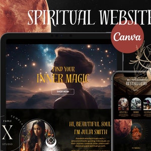 Könnte beinhalten: Eine Website-Vorlage für ein spirituelles Unternehmen. Die Vorlage verfügt über einen dunklen Hintergrund mit der Silhouette einer Frau vor einem sternenklaren Himmel. Der Text "Find Your Inner Magic" wird in goldener Schrift angezeigt. Die Website enthält auch einen Bereich für "Bestseller" mit Bildern von Kristallen, Tarotkarten und Reinigungsmitteln.