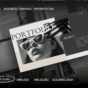 Puede incluir: Una plantilla de presentación en blanco y negro con la palabra "PORTFOLIO" en letras blancas grandes. La plantilla está diseñada para una propuesta de negocio e incluye una foto de una mujer con gafas de sol. El texto "35 SLIDES" es visible en la esquina inferior izquierda.
