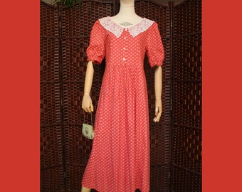 Rare 1980s Laura Ashley floral cotton dress with a lace collar orange red