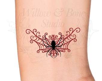 Gothic Spider in Web Temporary Tattoo - Spider in Spiderweb Swirls Wrist Tattoo - Creepy Cute Insect Tattoo