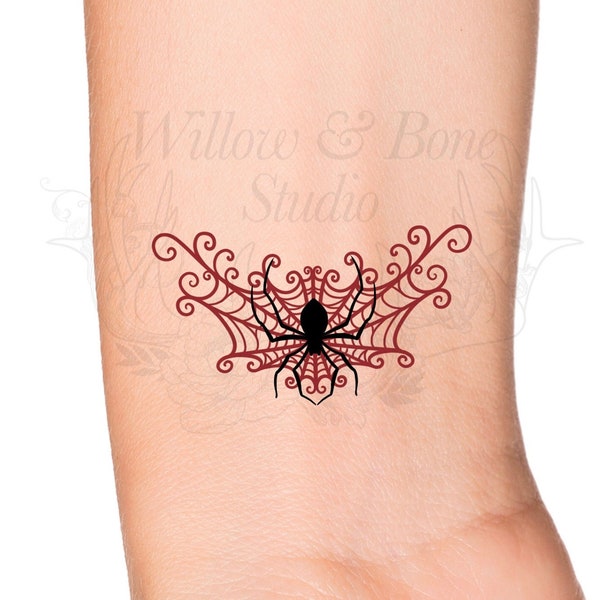 Gothic Spider in Web Temporary Tattoo - Spider in Spiderweb Swirls Wrist Tattoo - Creepy Cute Insect Tattoo