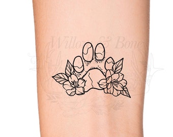 Floral Feminine Paw Print Temporary Tattoo - Wildflower Pet Memorial Paw Print Outline - Puppy Dog Love Wrist Tattoo