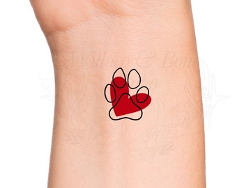 Paw Print Red Heart Temporary Tattoo - Dog Love Pet Memorial Small Wrist Tattoo