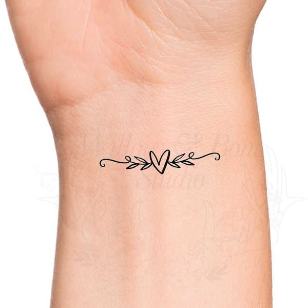 Heart Leaves Swirls Outline Temporary Tattoo - Decorative Feminine Dainty Love Wrist Tattoo