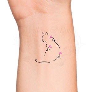 Pink Wildflower Cat Outline Temporary Tattoo - Cute Floral Kitty Small Wrist Tattoo