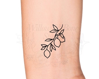 Lemon Tree Branch and Leaves Outline Temporary Tattoo - Cute Citrus Fruit Wrist Tattoo - Small Food Cooking Vegetarian Tattoo