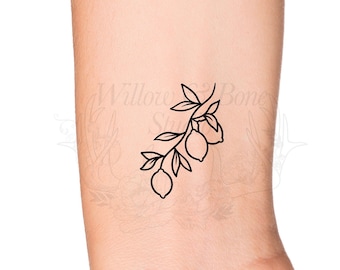 Lemon Tree Branch and Leaves Outline Temporary Tattoo - Cute Citrus Fruit Wrist Tattoo - Small Food Cooking Vegetarian Tattoo