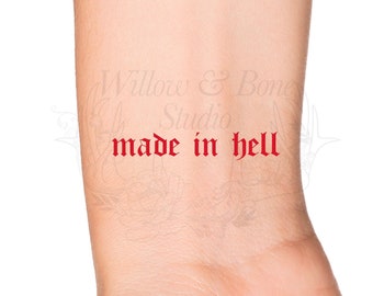 Made In Hell Old English Lettering Temporary Tattoo - Baddie Tattoos for Women - Red Quote Tattoo - Sexy Tattoos for Women