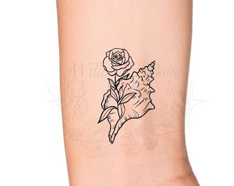 Rose Conch Shell Outline Temporary Tattoo - Floral Beach Shell Wrist Tattoo - Wildflower Ocean Wave Vacation Tattoo