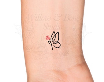 Red Wildflower Butterfly Outline Temporary Tattoo - Floral Red Butterfly Insect Outline Cute Wrist Tattoo