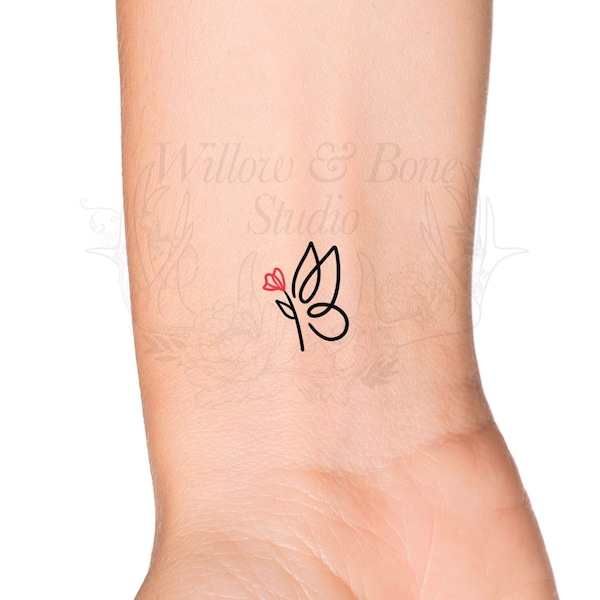 Red Wildflower Butterfly Outline Temporary Tattoo - Floral Red Butterfly Insect Outline Cute Wrist Tattoo