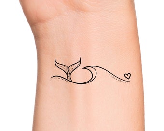 Mermaid Tail Ocean Wave Heart Temporary Tattoo - ADD CUSTOM TEXT - Beach Vacation Sea Waves Love Temporary Tattoo